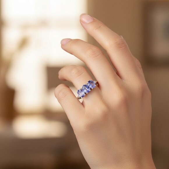 Tanzanite & Diamond Accent Rhodium Plated Sterling Silver Designer Ring Size 7 - Picture 2 of 5